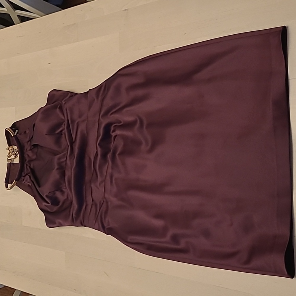 NWOT Eliza J Deep Purple Gold Neck Chain Pleated Side Satin Cocktail Dre…